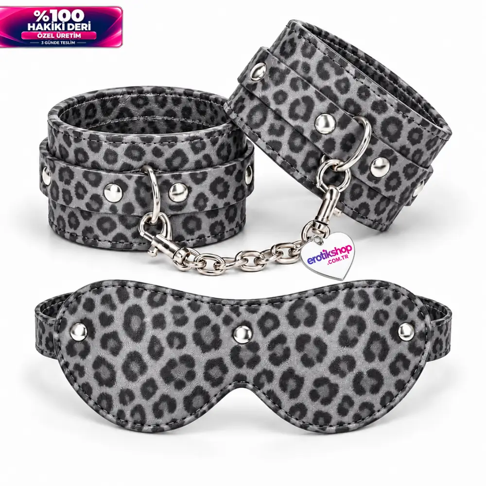 The Fetish Fantasy Series %100 Original Leather Gerçek Deri El Kelepçesi ve Maske – Leopar