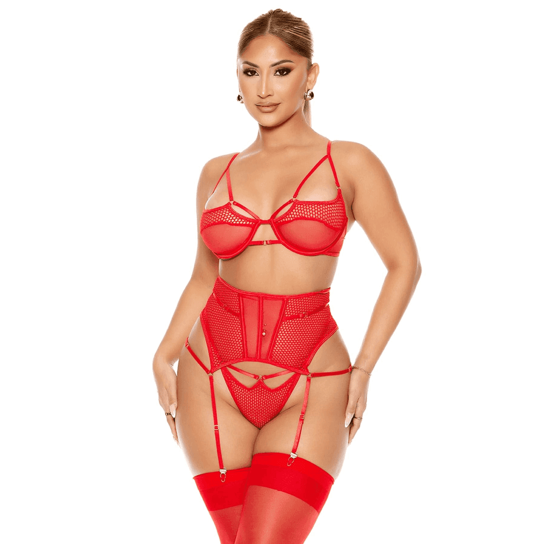 Fantasy Wear Fantezi File Tül Kadın Jartiyer Takım - Red