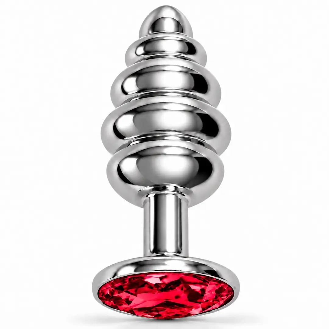 The Anal Play Silver Ribbed Kırmızı Taşlı Boğumlu Metal Anal Plug-Medium