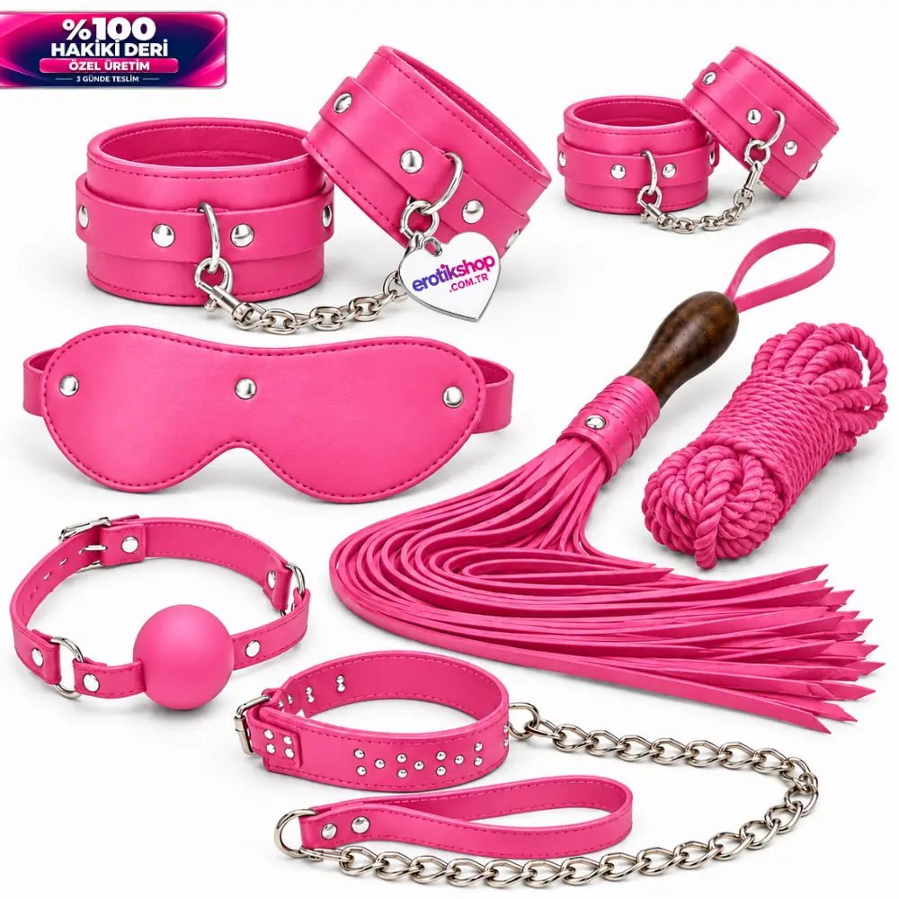 The Fetish Fantasy Series %100 Original Leather Gerçek Deri 7'li Fetiş BDSM Set - Pembe
