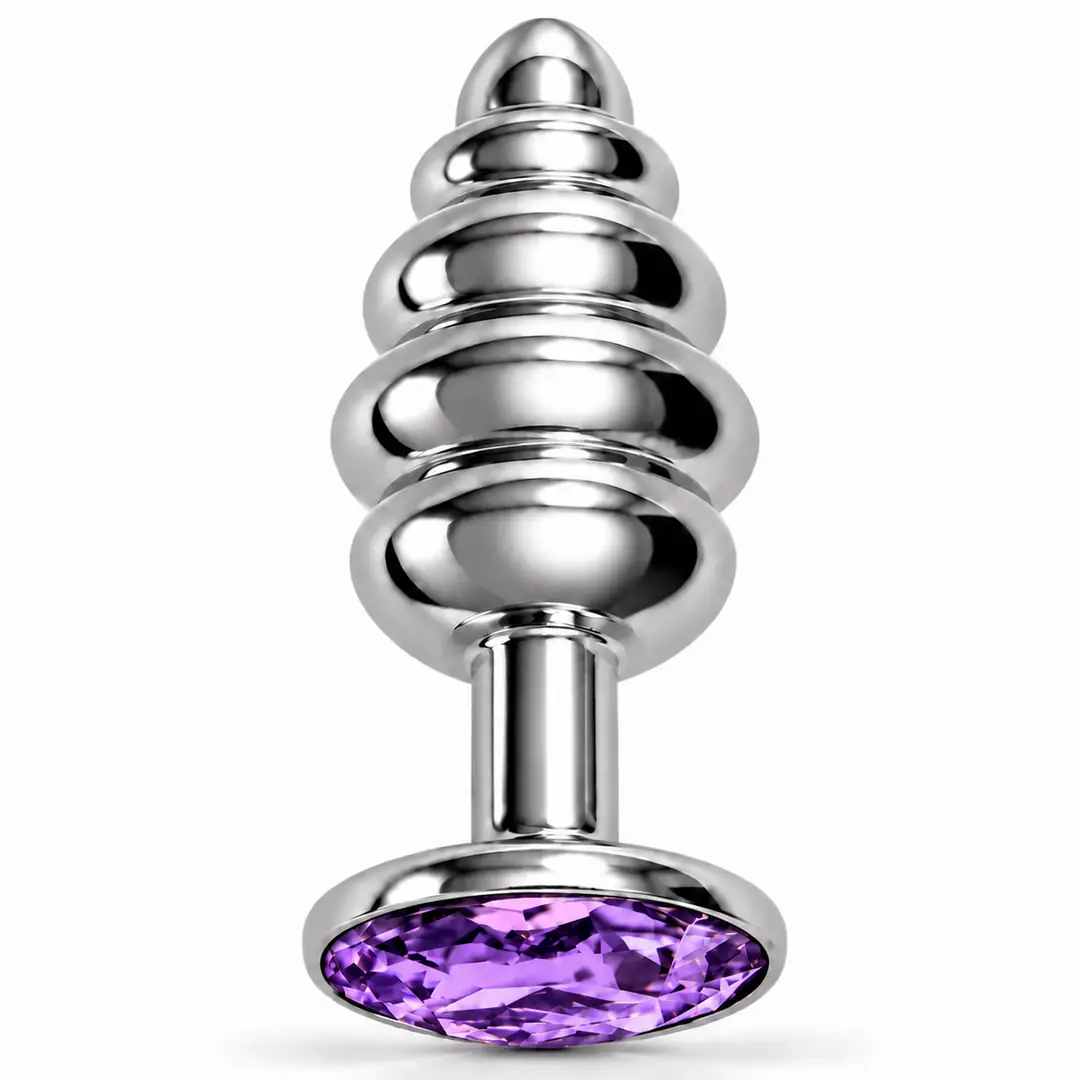The Anal Play Silver Ribbed Mor Taşlı Boğumlu Metal Anal Plug-Medium