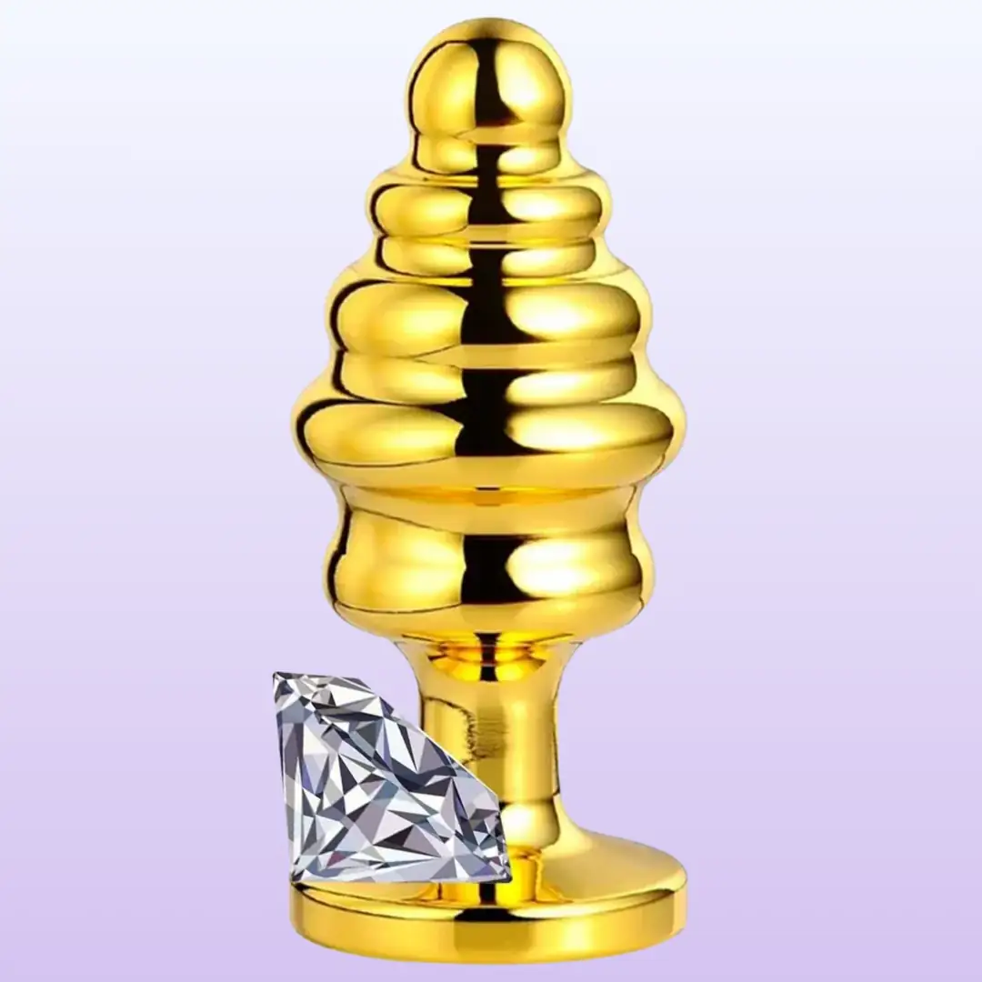 The Anal Play Gold Ribbed Beyaz Taşlı Boğumlu Metal Anal Plug-Medium