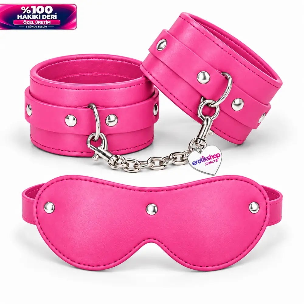 The Fetish Fantasy Series %100 Original Leather Gerçek Deri El Kelepçesi ve Maske – Pink