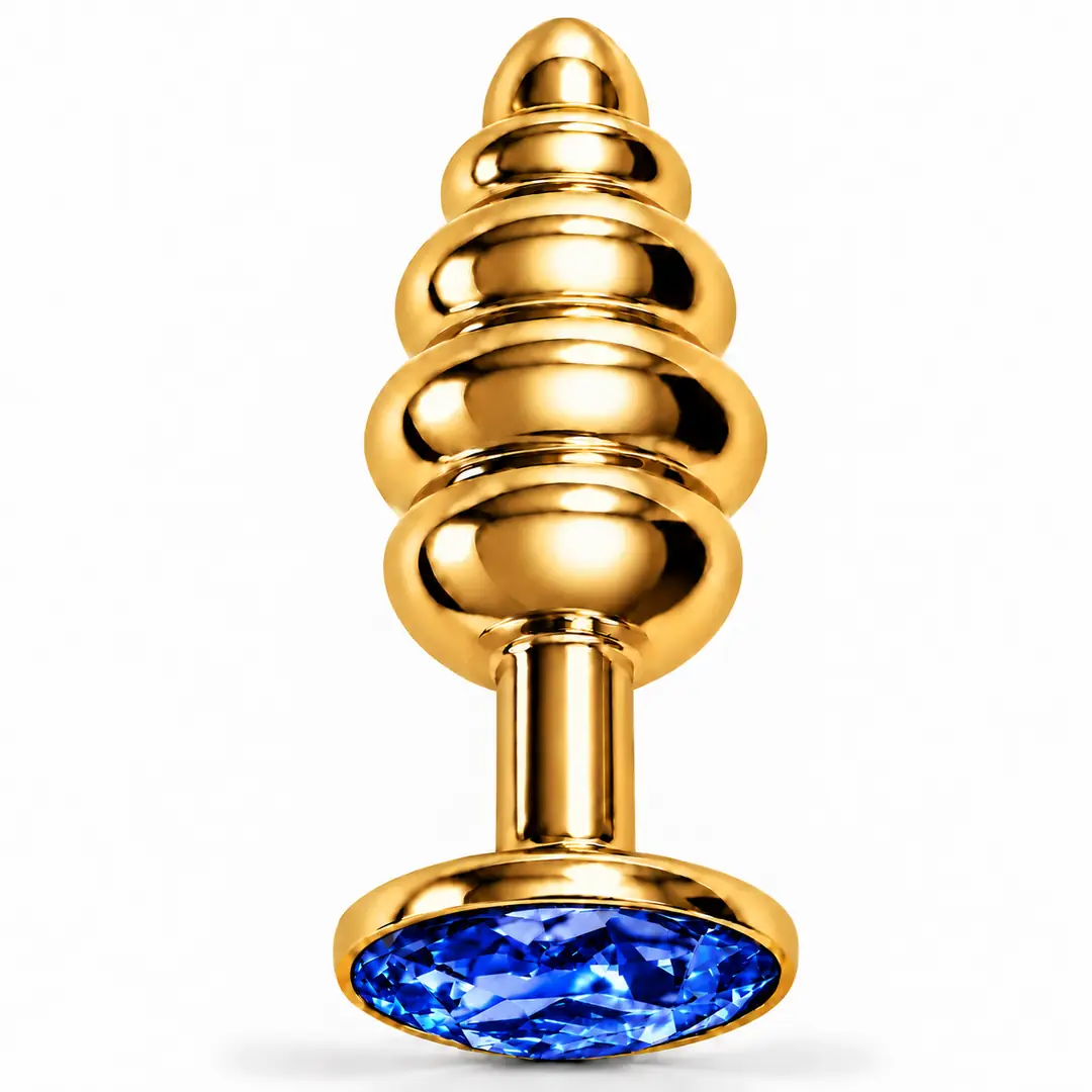 The Anal Play Gold Ribbed Mavi Taşlı Boğumlu Metal Anal Plug-Small