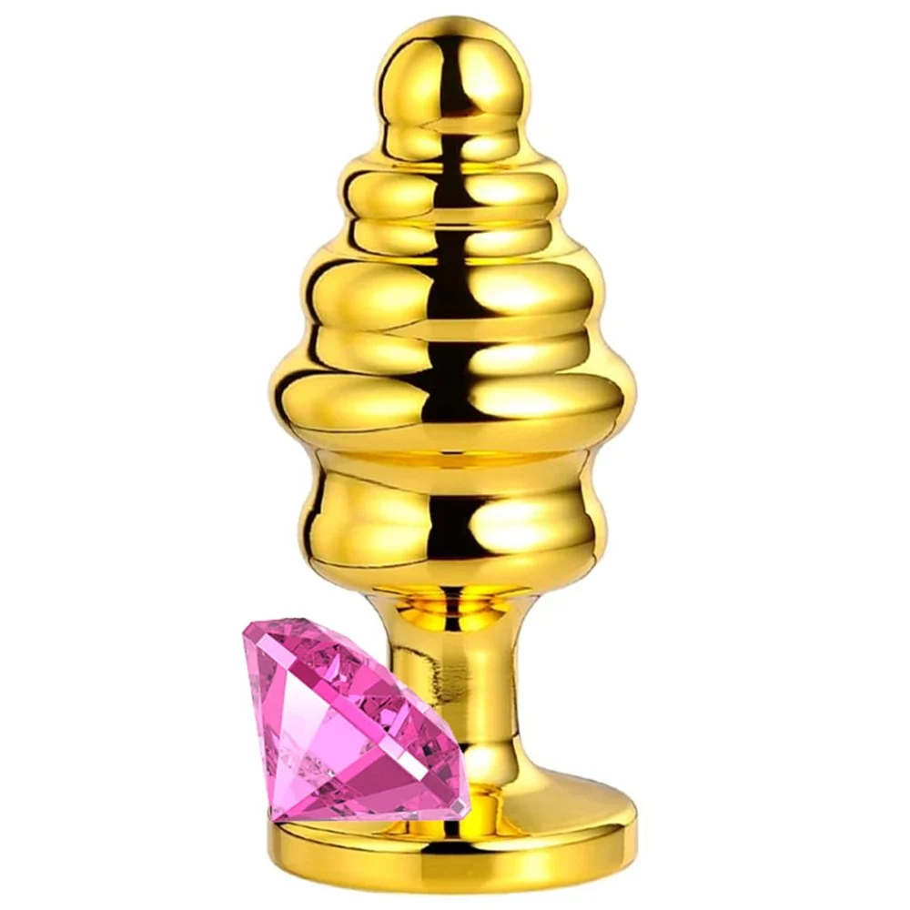 The Anal Play Gold Ribbed Boğumlu Metal Anal Plug Small-Pink