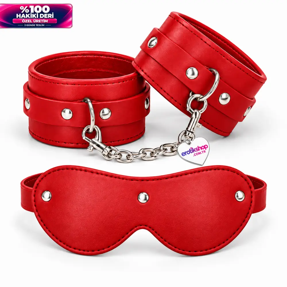 The Fetish Fantasy Series %100 Original Leather Gerçek Deri El Kelepçesi ve Maske – Red