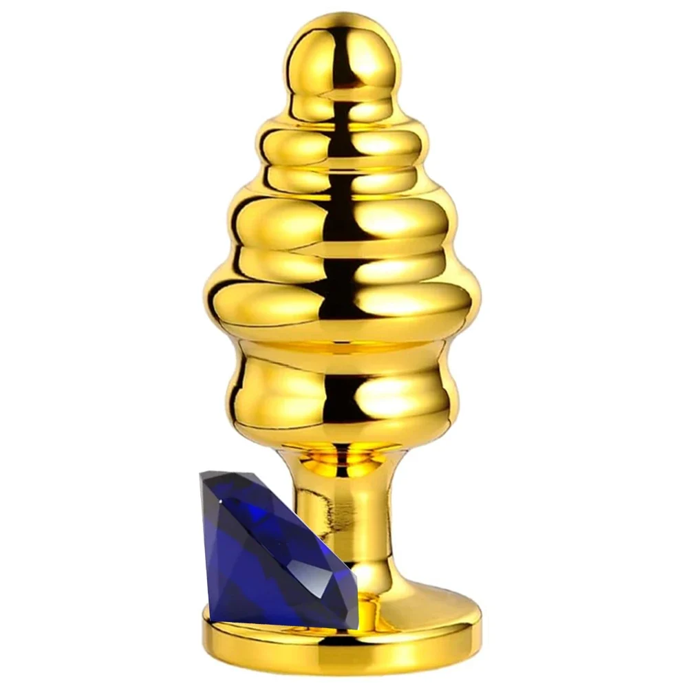 The Anal Play Gold Ribbed Boğumlu Metal Anal Plug Small-Blue