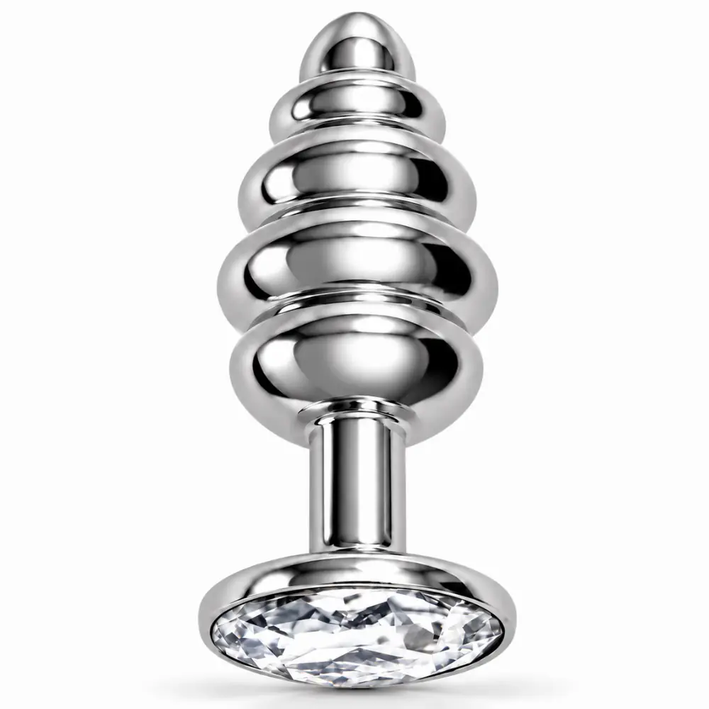 The Anal Play Silver Ribbed Beyaz Taşlı Boğumlu Metal Anal Plug-Medium