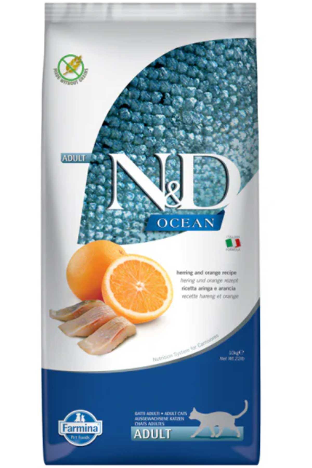 N&D Ocean Tahılsız Ringa Balıklı ve Portakallı Yetişkin Kedi Maması 10 Kg