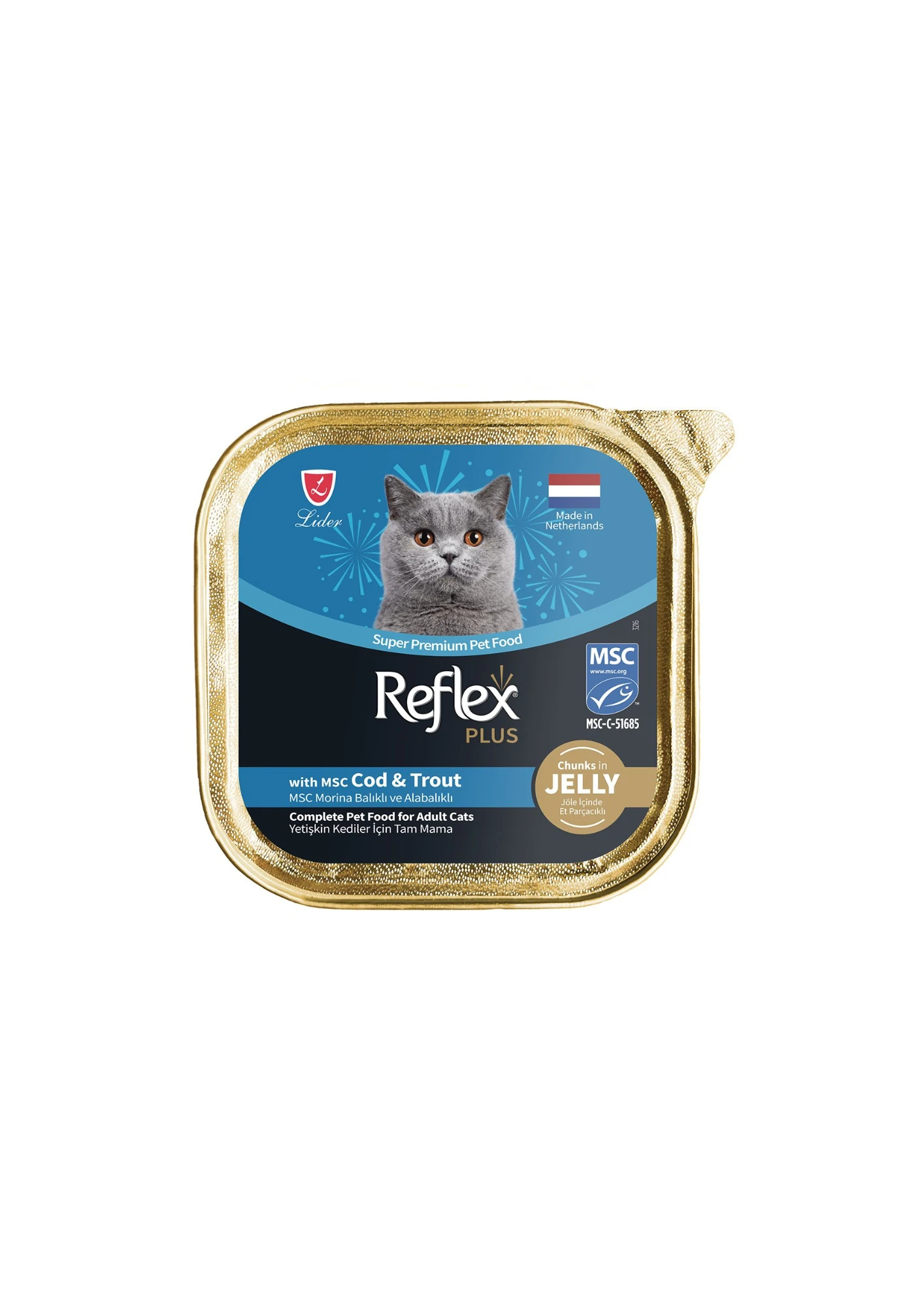 REFLEX Plus Jöle İçinde Et Parçacıklı Msc Morina Balıklı Ve Alabalıklı Yetişkin Kedi Konservesi 85gr