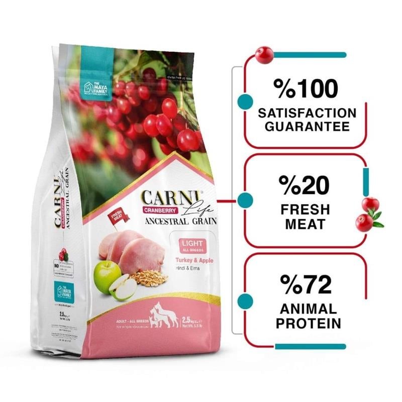 CARNI LIFE Cranberry Ancestral Grain Hindili ve Elmalı Tüm Irklar Light Diyet Yetişkin Köpek Maması 2,5 Kg