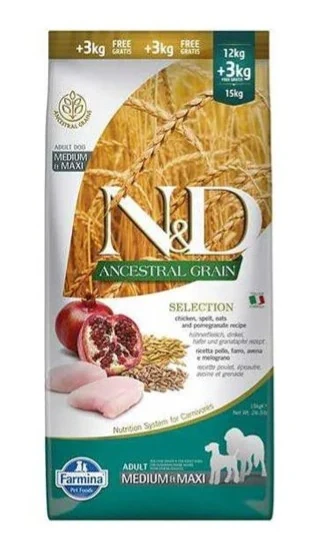 N&D Ancestral Grain Düşük Tahıllı Tavuklu ve Narlı Orta ve Büyük Irk Yetişkin Köpek Maması 12+3 Kg