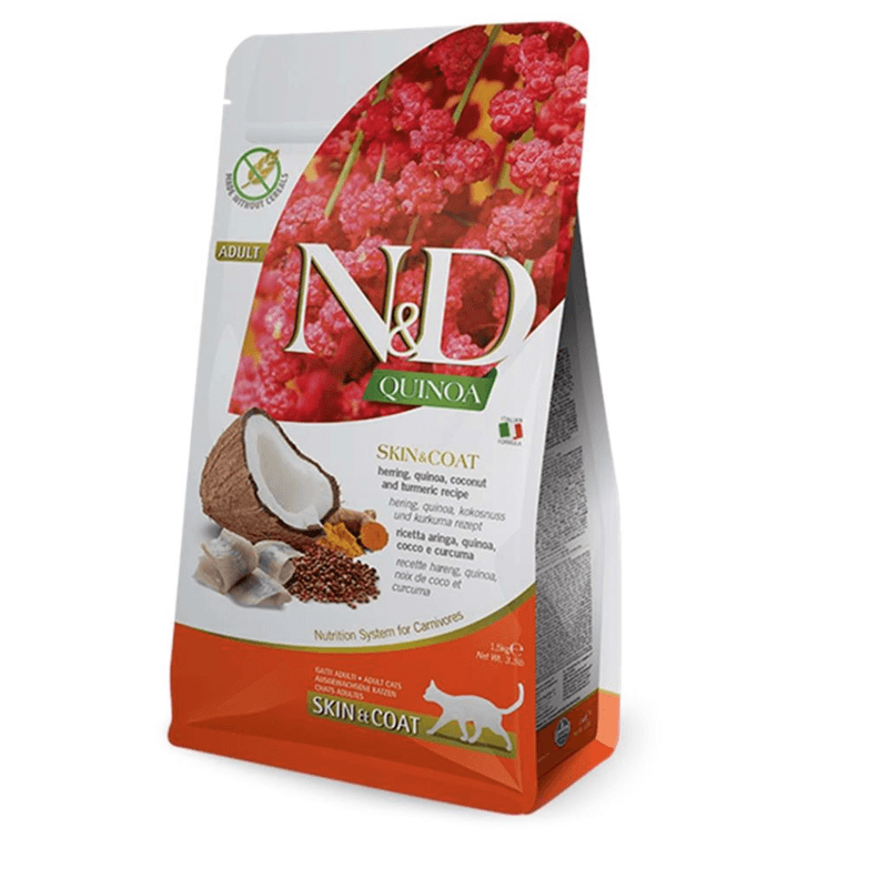 N&D Quinoa Skin & Coat Tahılsız Ringa Balıklı ve Hindistan Cevizli Yetişkin Kedi Maması 1,5 Kg