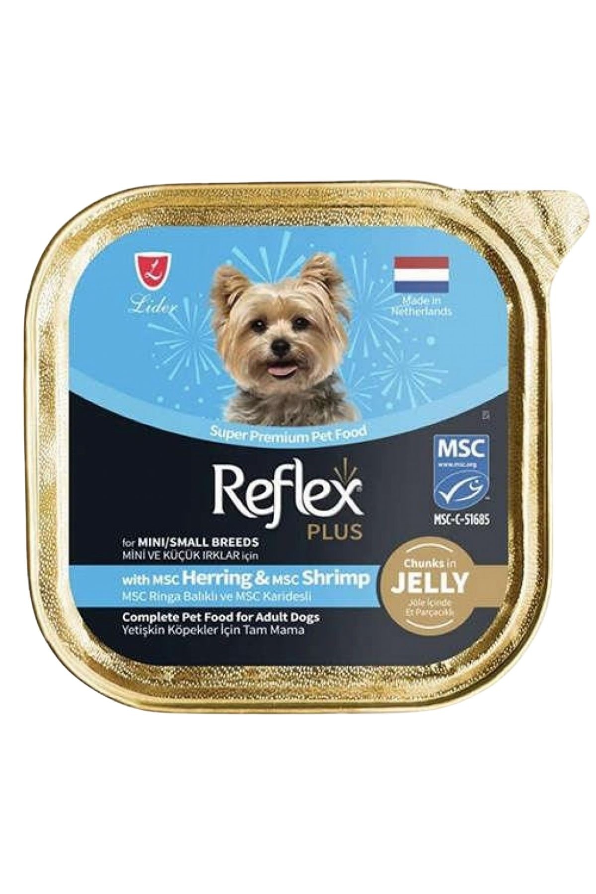 REFLEX Plus Jöle İçinde Et Parçacıklı Msc Ringabalıklı Ve Msc Karidesli Mini Ve Küçük Irklar İçin Yetişkin Köpek Konservesi 85gr