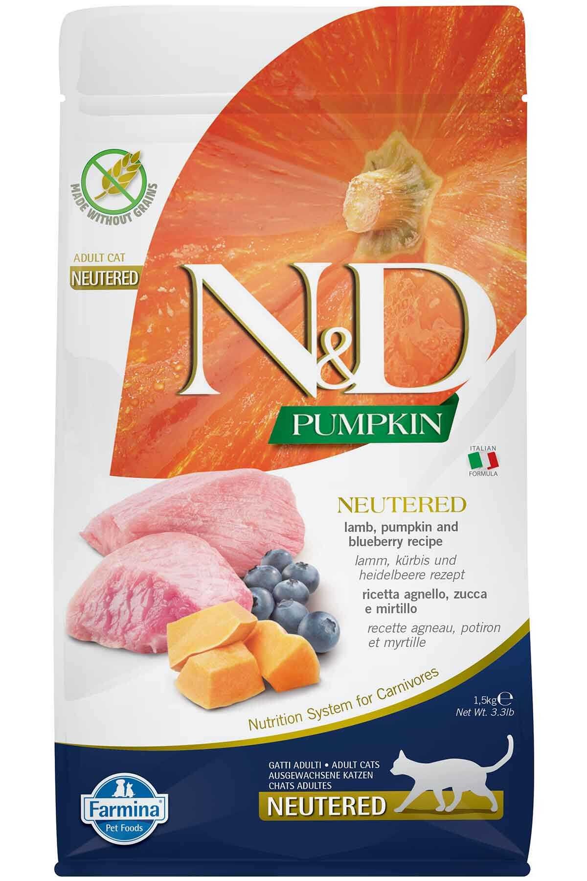 N&D Pumpkin Tahılsız Kuzulu & Yabanmersinli ve Balkabaklı Kısırlaştırılmış Yetişkin Kedi Maması 1,5 Kg