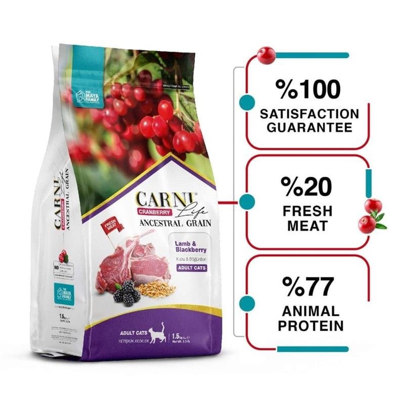 CARNI LIFE Cranberry Ancestral Grain Kuzulu ve Böğürtlenli Yetişkin Kedi Maması 1,5 Kg