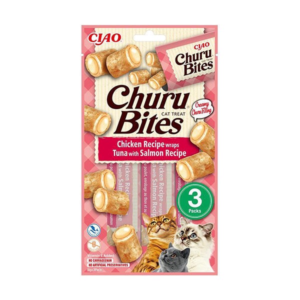 CIAO CHURU Bites Tavuk Sargılı Ton Balıklı ve Somonlu Kedi Ödül Maması 10gr (3'lü)