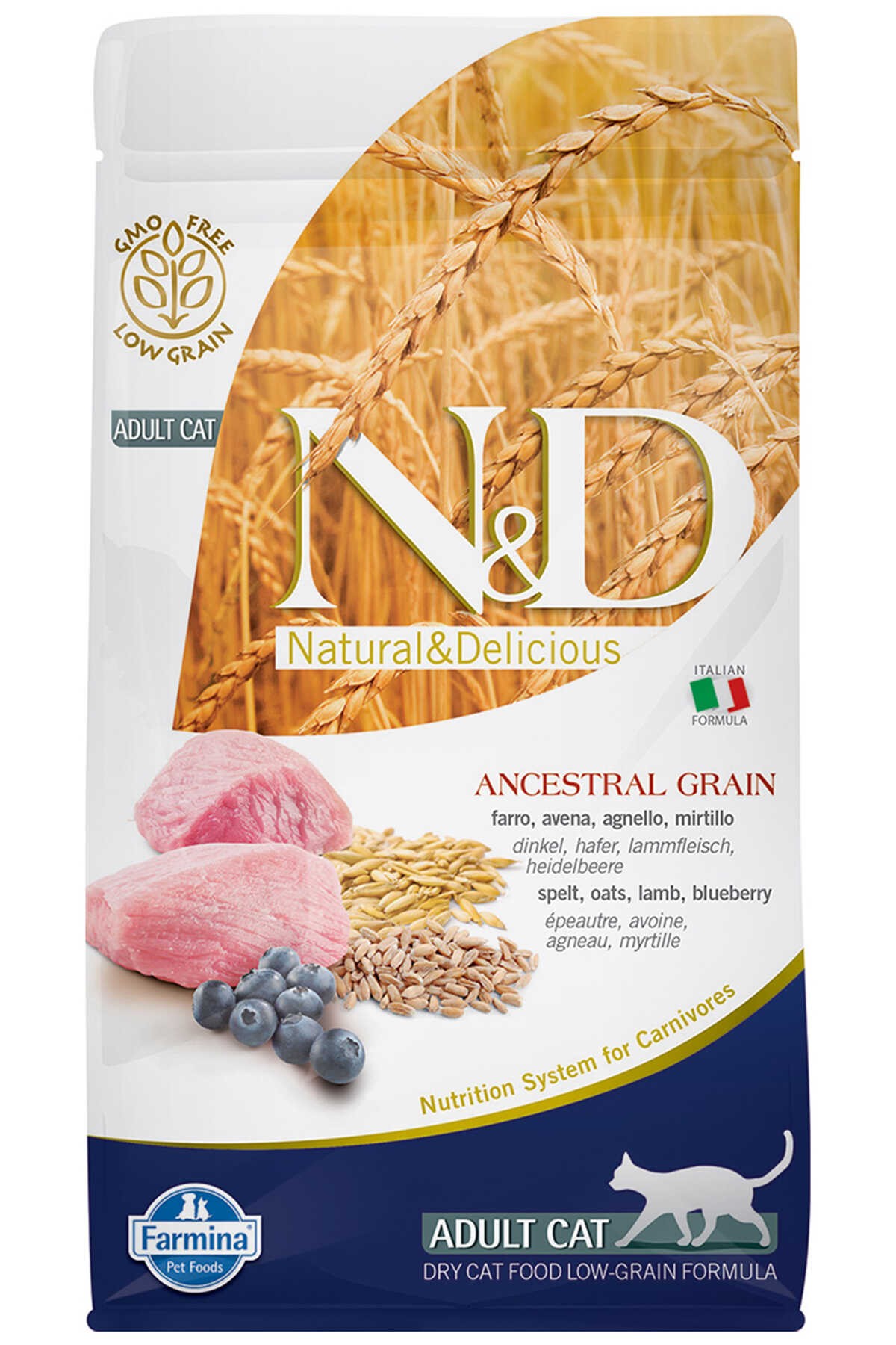 N&D Ancestral Grain Düşük Tahıllı Kuzulu ve Yaban Mersinli Yetişkin Kedi Maması 5 Kg