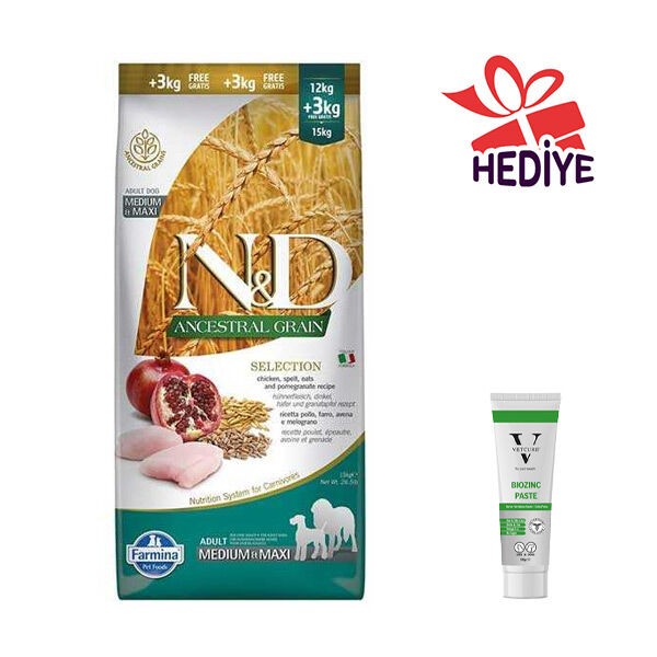 N&D Ancestral Grain Düşük Tahıllı Tavuklu ve Narlı Orta ve Büyük Irk Yetişkin Köpek Maması 12+3 Kg