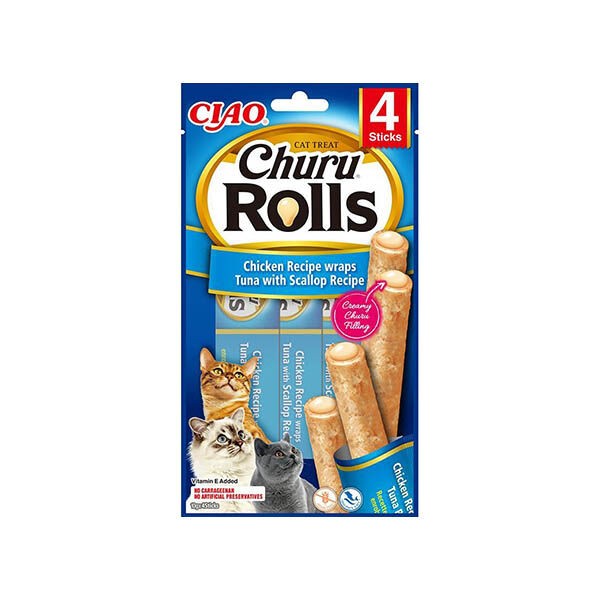 CIAO CHURU Rolls Tavuk Sargılı Deniz Taraklı ve Ton Balıklı Kedi Ödül Maması 10gr (4'lü)