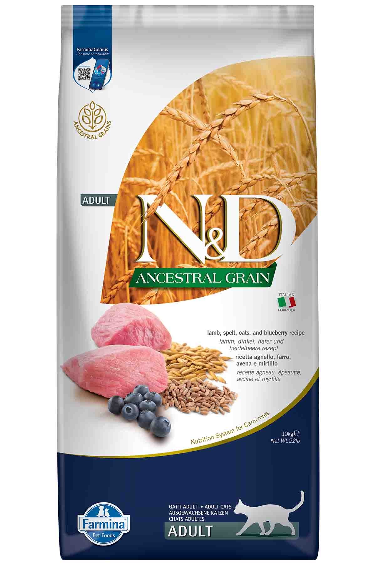 N&D Ancestral Grain Düşük Tahıllı Kuzulu ve Yaban Mersinli Yetişkin Kedi Maması 10 Kg