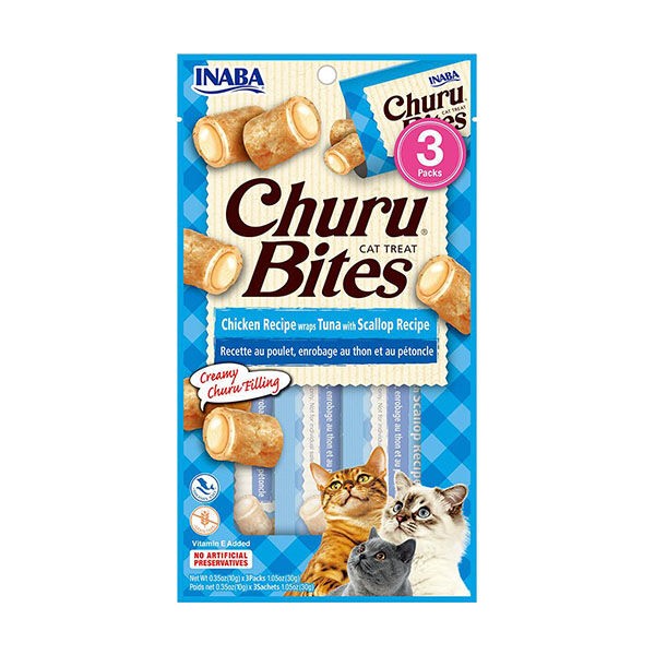 CIAO CHURU Bites Tavuk Sargılı, Deniz Taraklı ve Ton Balıklı Ödül Maması 10gr (3'lü)