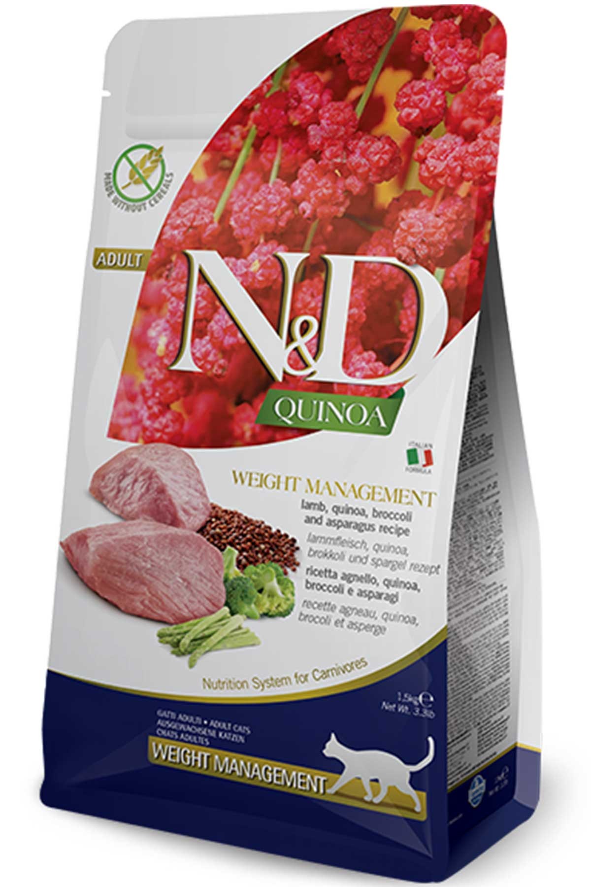 N&D Quinoa Skin & Coat Weight Management Tahılsız Kuzulu ve Brokolili Diyet Yetişkin Kedi Maması 1,5 Kg