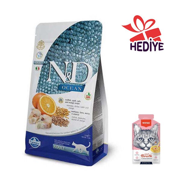 N&D Ocean Düşük Tahıllı Morina Balıklı ve Portakallı Yetişkin Kedi Maması 1,5 Kg