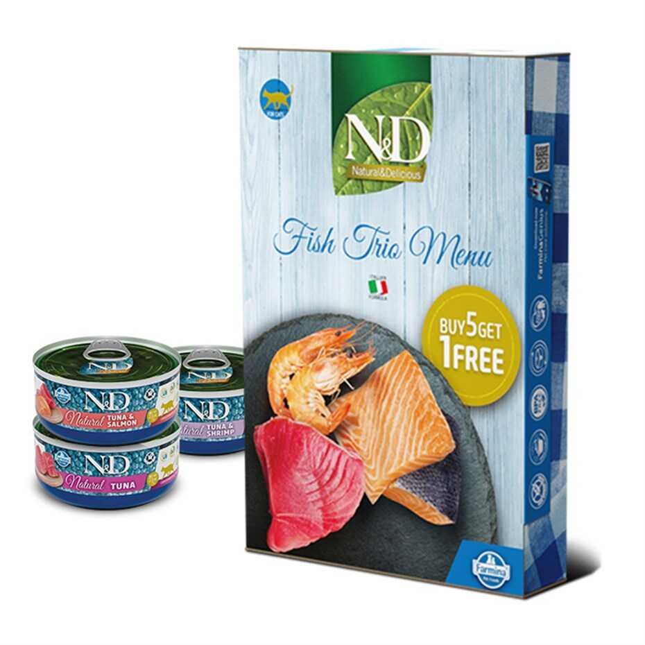 N&D Fish Trio Menu Balıklı Yetişkin Kedi Konservesi 6x70 Gr