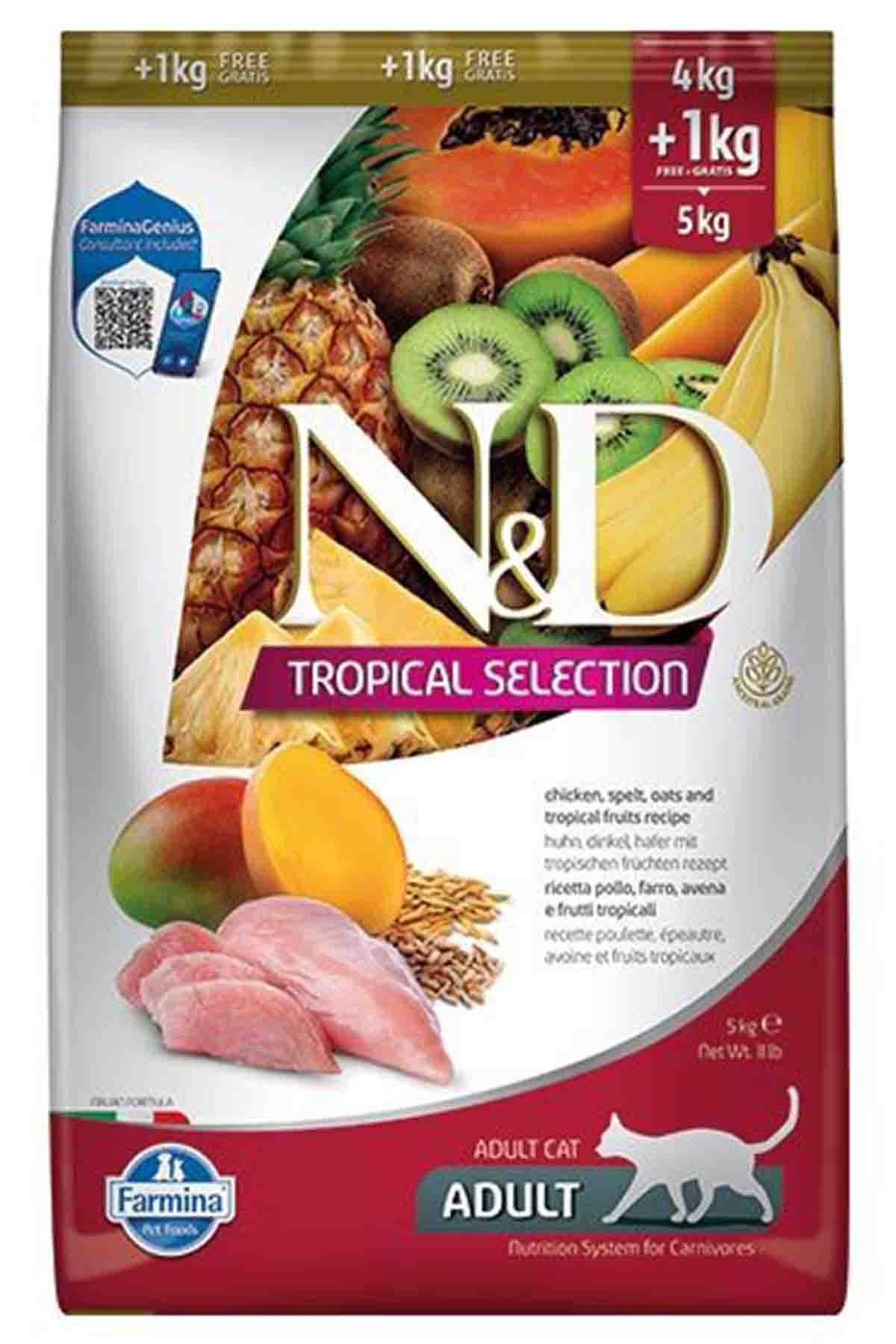 N&D Tropical Selection Tavuklu ve Tropikal Meyveli Yetişkin Kedi Maması 4+1 Kg