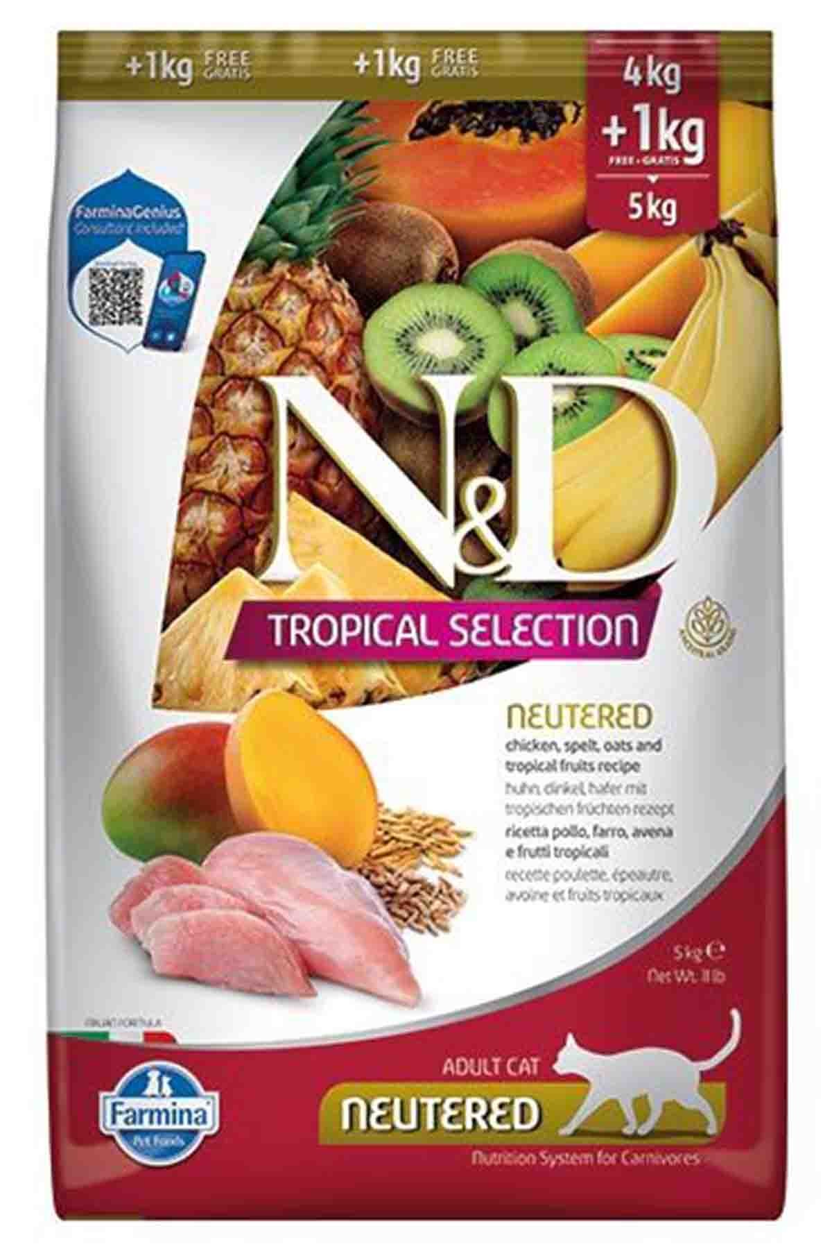 N&D Tropical Selection Tavuklu ve Tropikal Meyveli Kısırlaştırılmış Kedi Maması 4+1 Kg