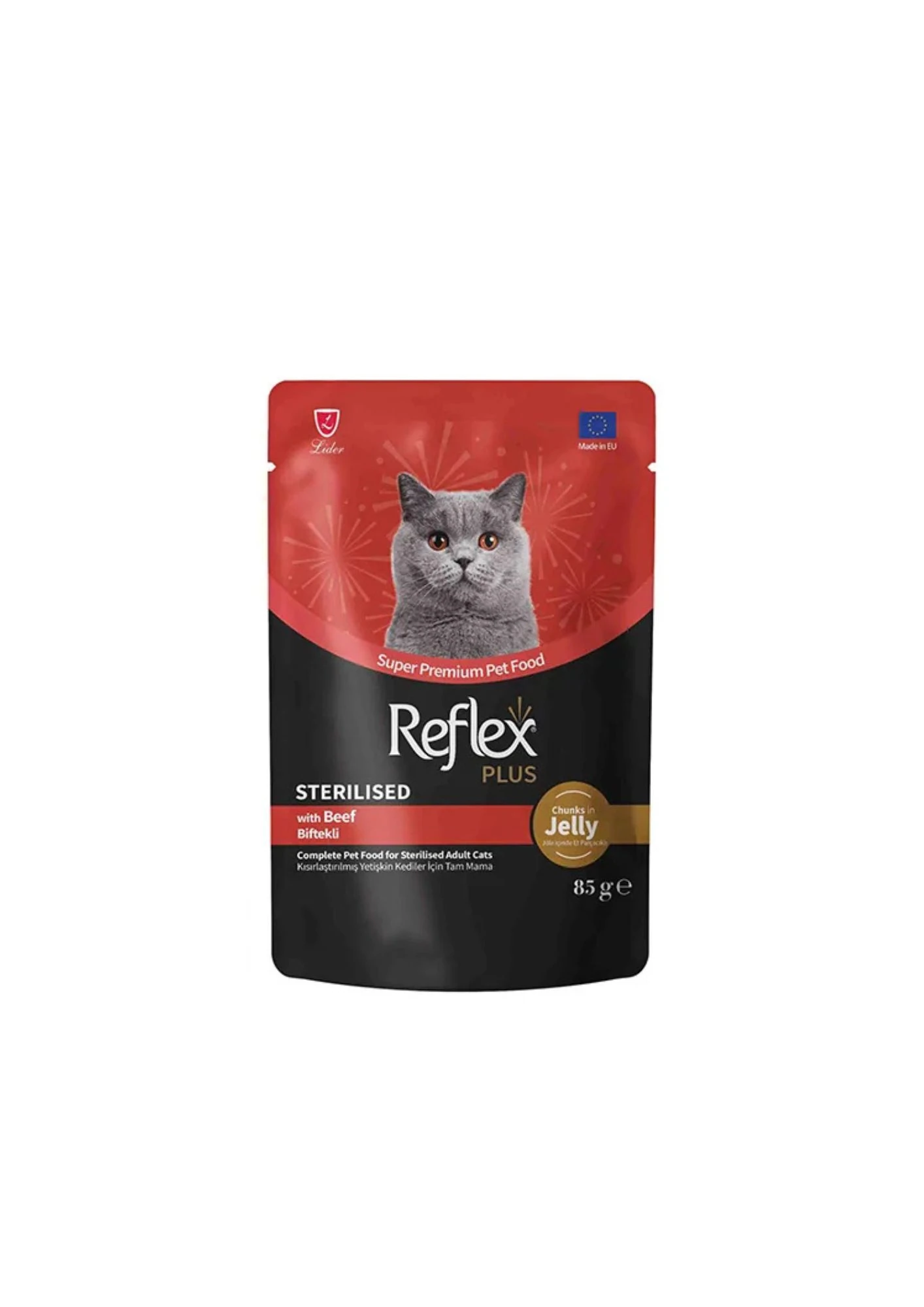 REFLEX PLUS Jole İçinde Et Parçacıklı Biftekli Kısırlaştırılmış Yetişkin Kedi Yaş Maması 85gr