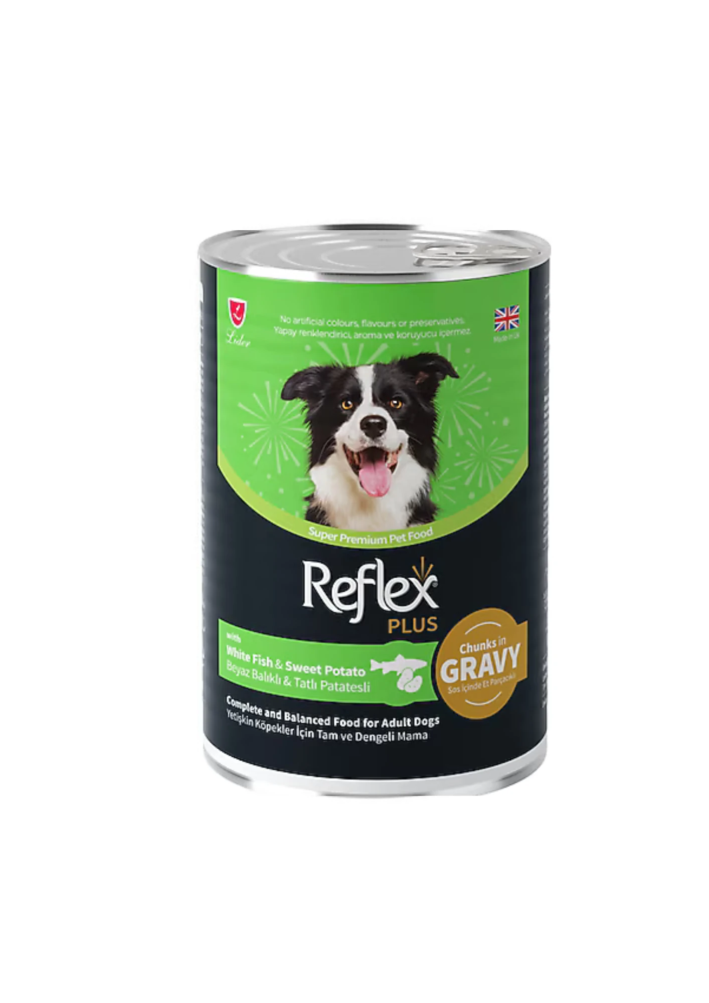 REFLEX PLUS Sos İçinde Beyaz Balıklı ve Tatlı Patatesli Yetişkin Köpek Konserve 400 Gr.