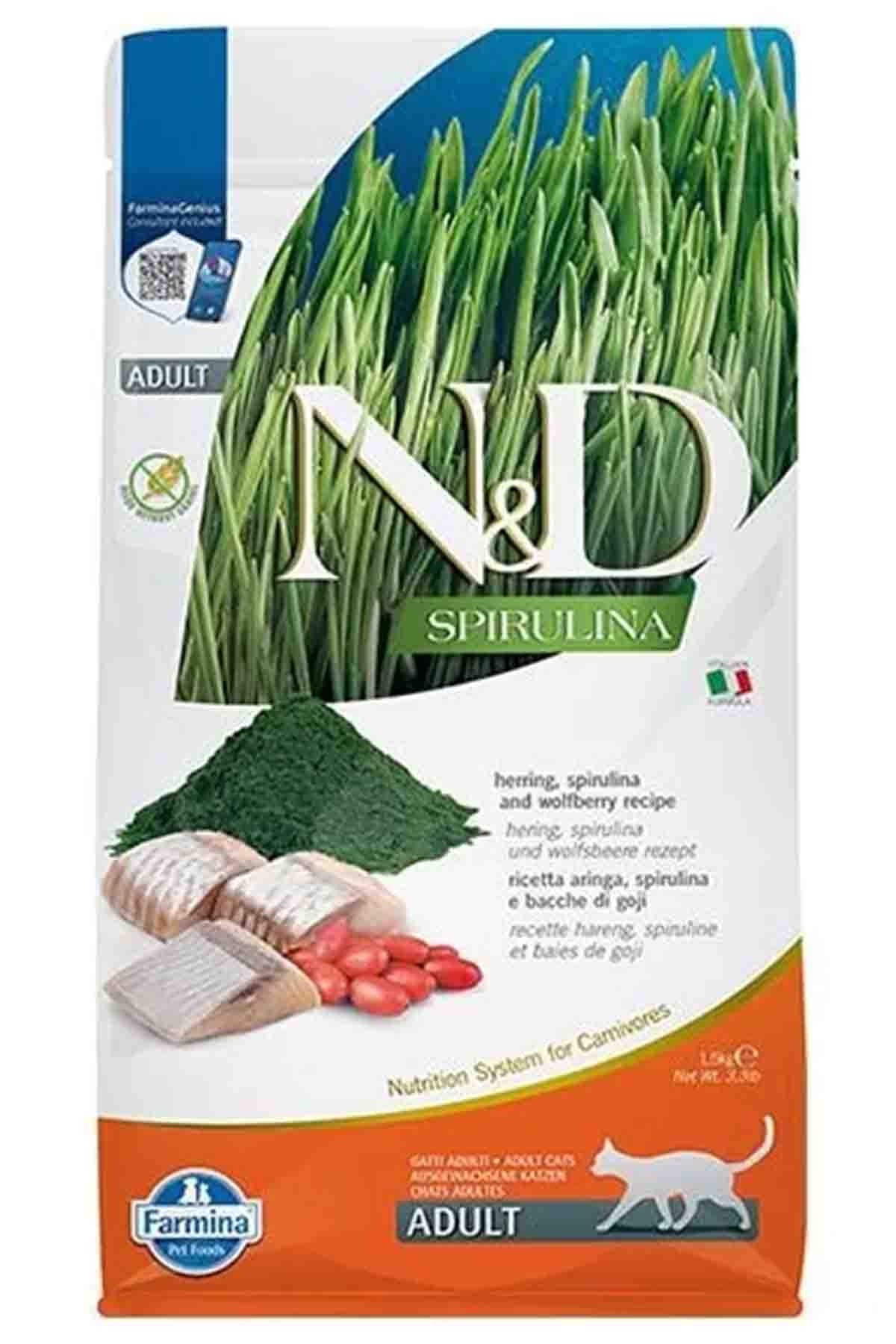 N&D Spirulina Tahılsız Ringa Balıklı Yetişkin Kedi Maması 1,5 Kg