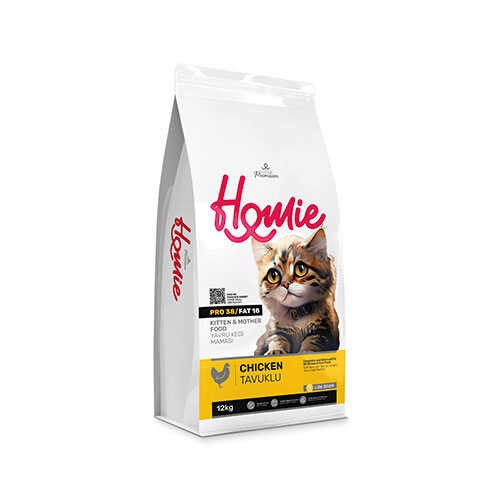 HOMIE PRO38/FAT38 Super Premium Düşük Tahıllı Tavuklu Yavru ve Anne Kedi Maması 12 Kg