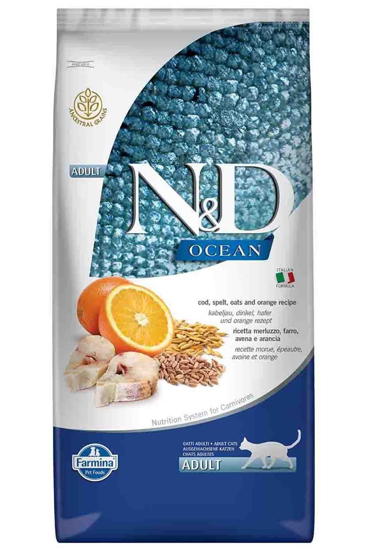 N&D Ancestral Grain Düşük Tahıllı Morina Balıklı ve Portakallı Yetişkin Kedi Maması 10 Kg