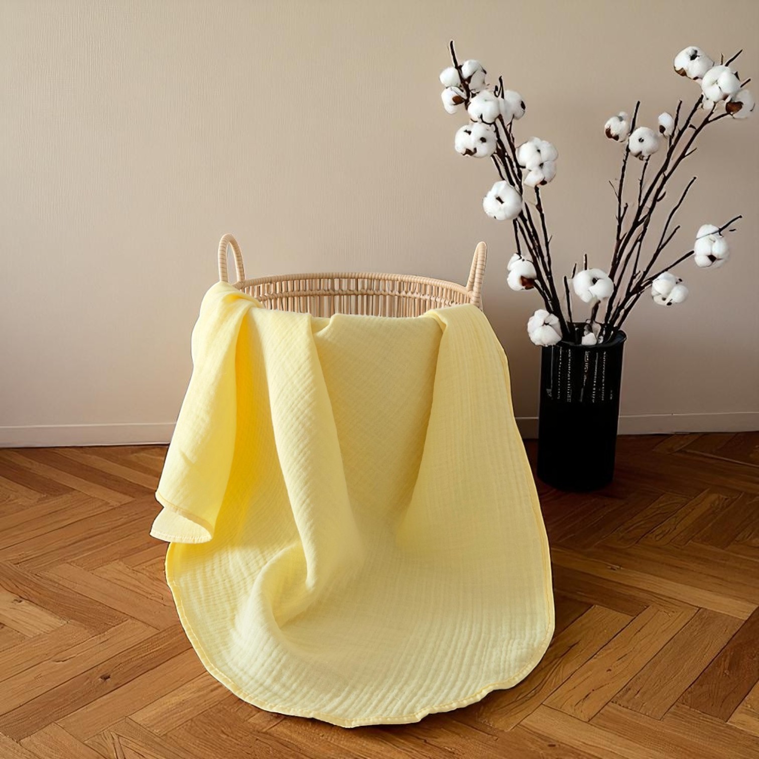 Chloe 4 Katlı Soft Yellow Müslin Örtü 