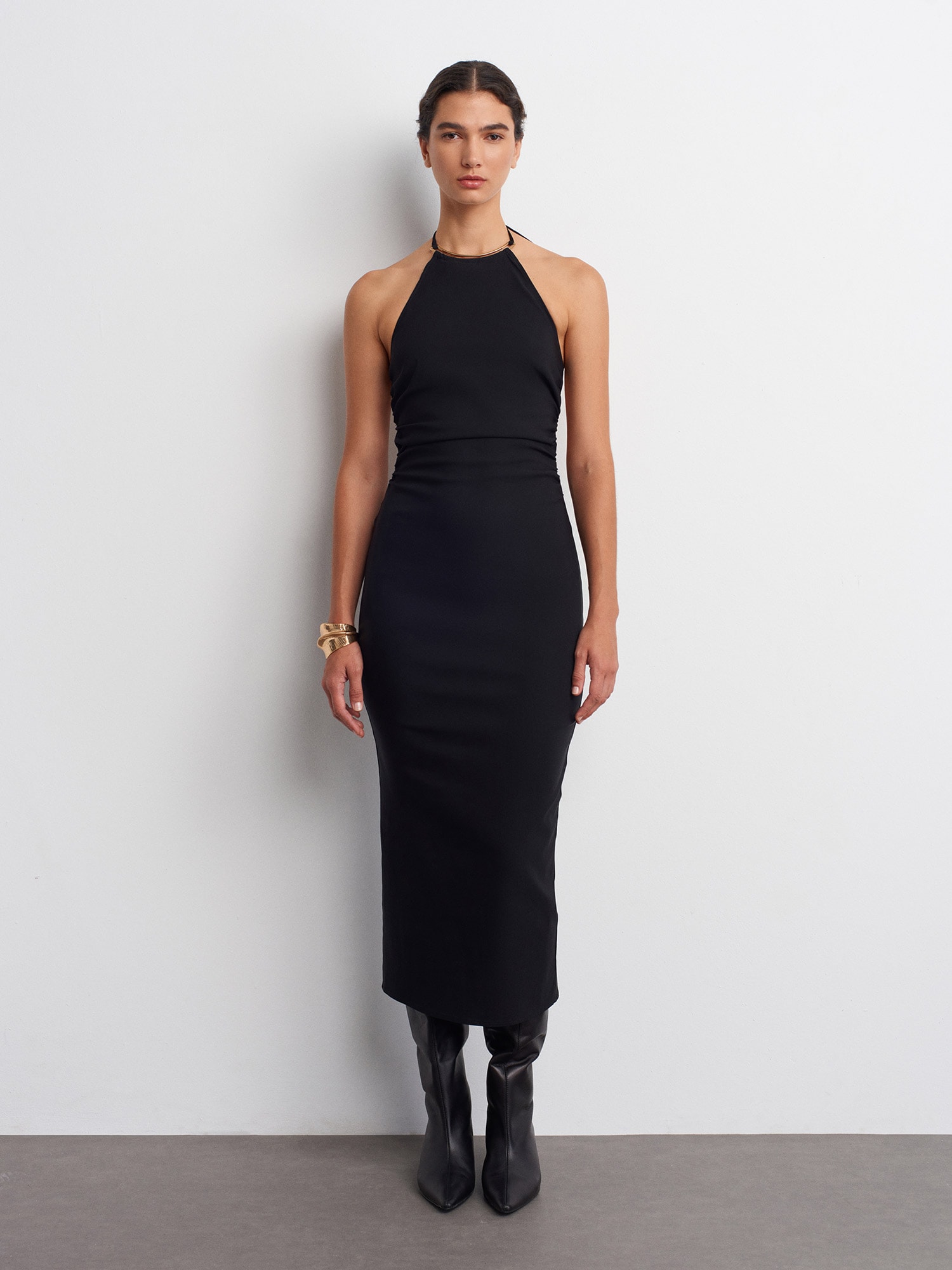 91518 HALTER YAKA MİDİ ELBİSE