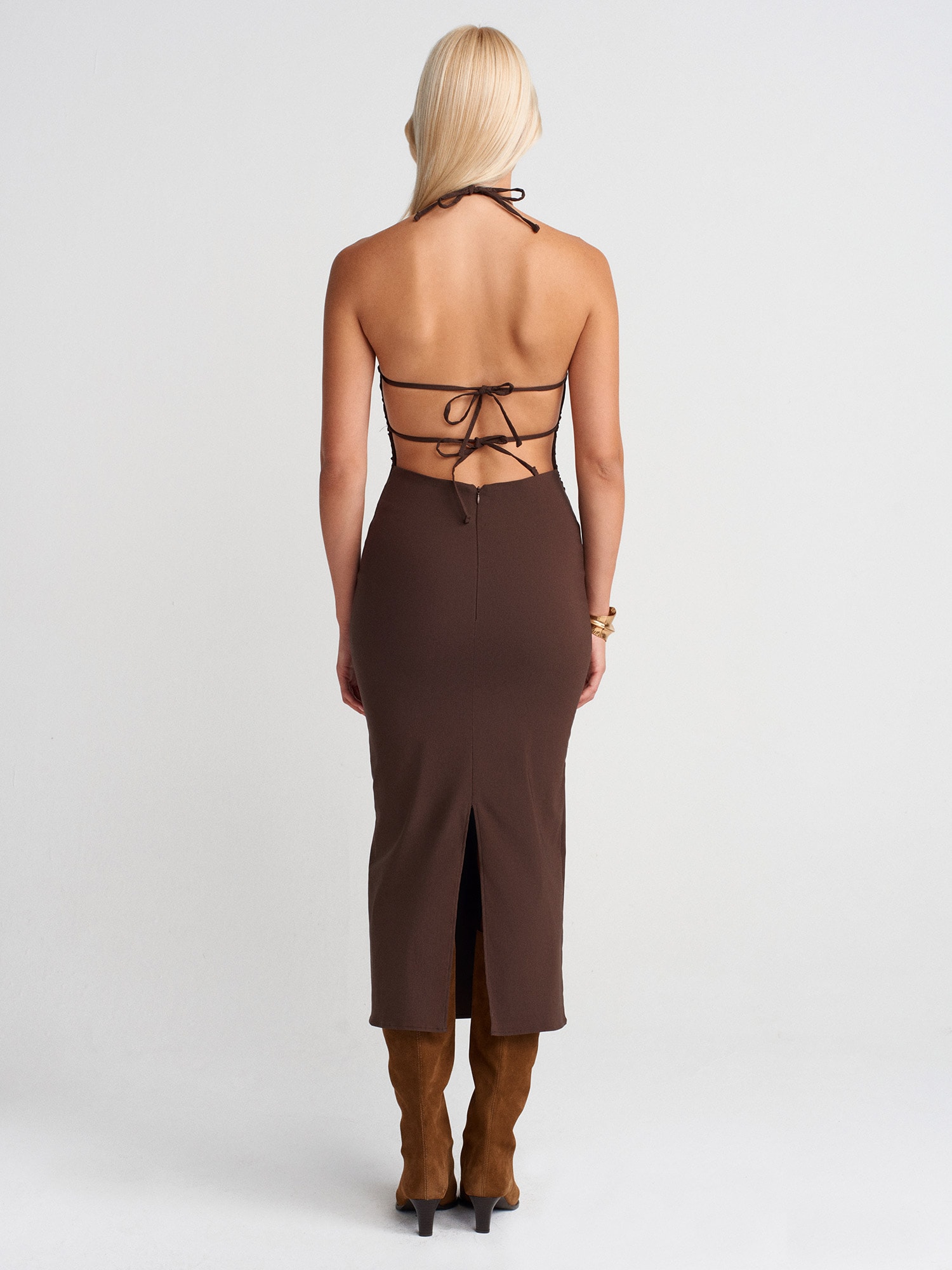 91518 HALTER YAKA MİDİ ELBİSE