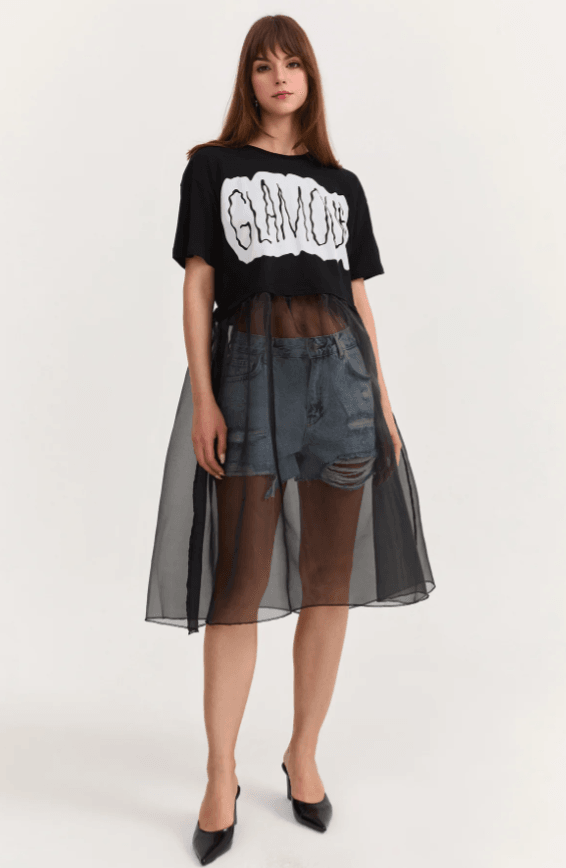 180246 ETEĞİ ŞİFON DETAYLI T-SHIRT ELBİSE