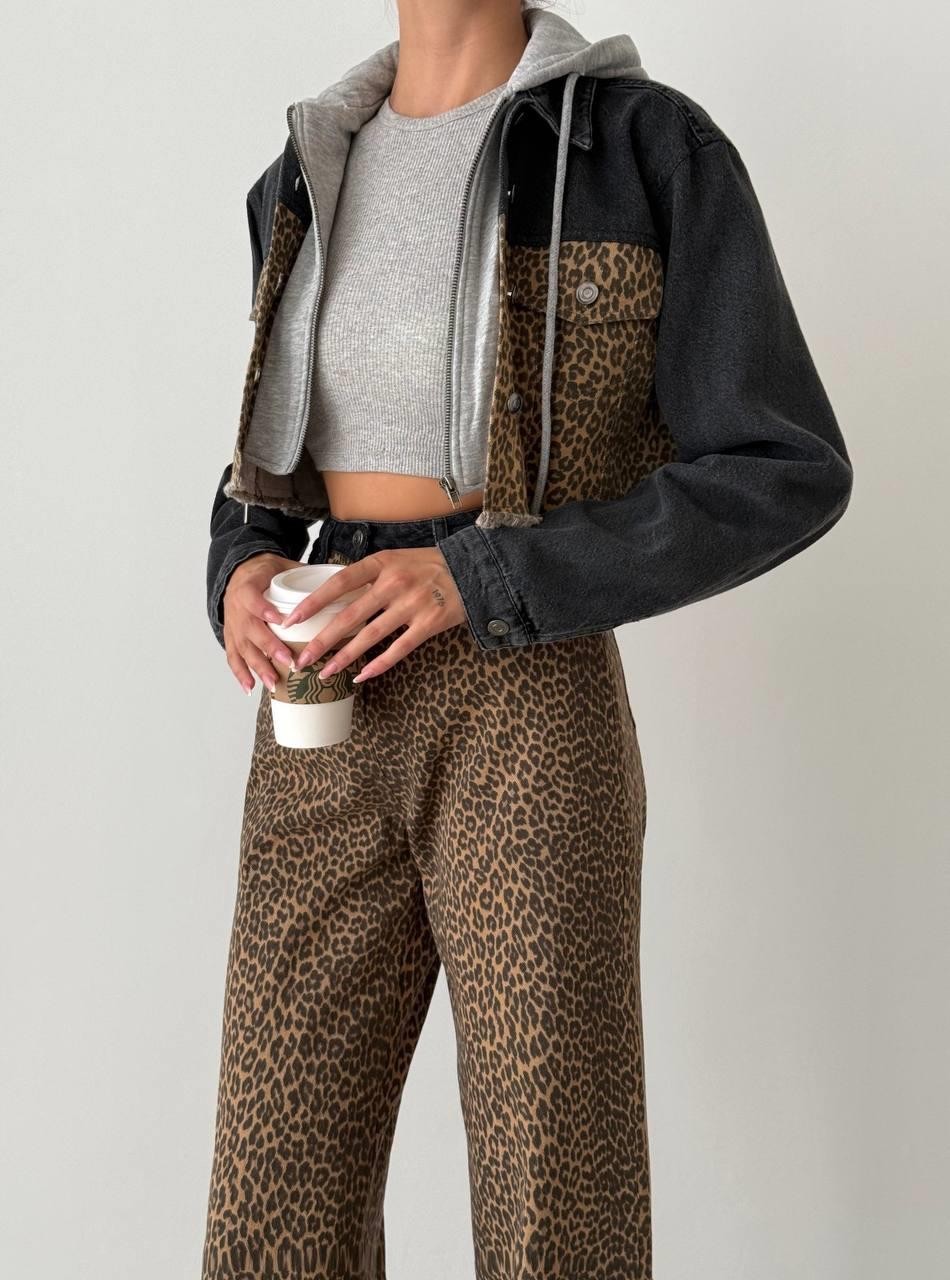 0510254 KAPÜŞONLU LEOPAR DETAYLI KISA JEAN CEKET