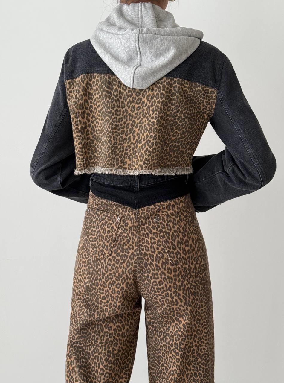 0510254 KAPÜŞONLU LEOPAR DETAYLI KISA JEAN CEKET