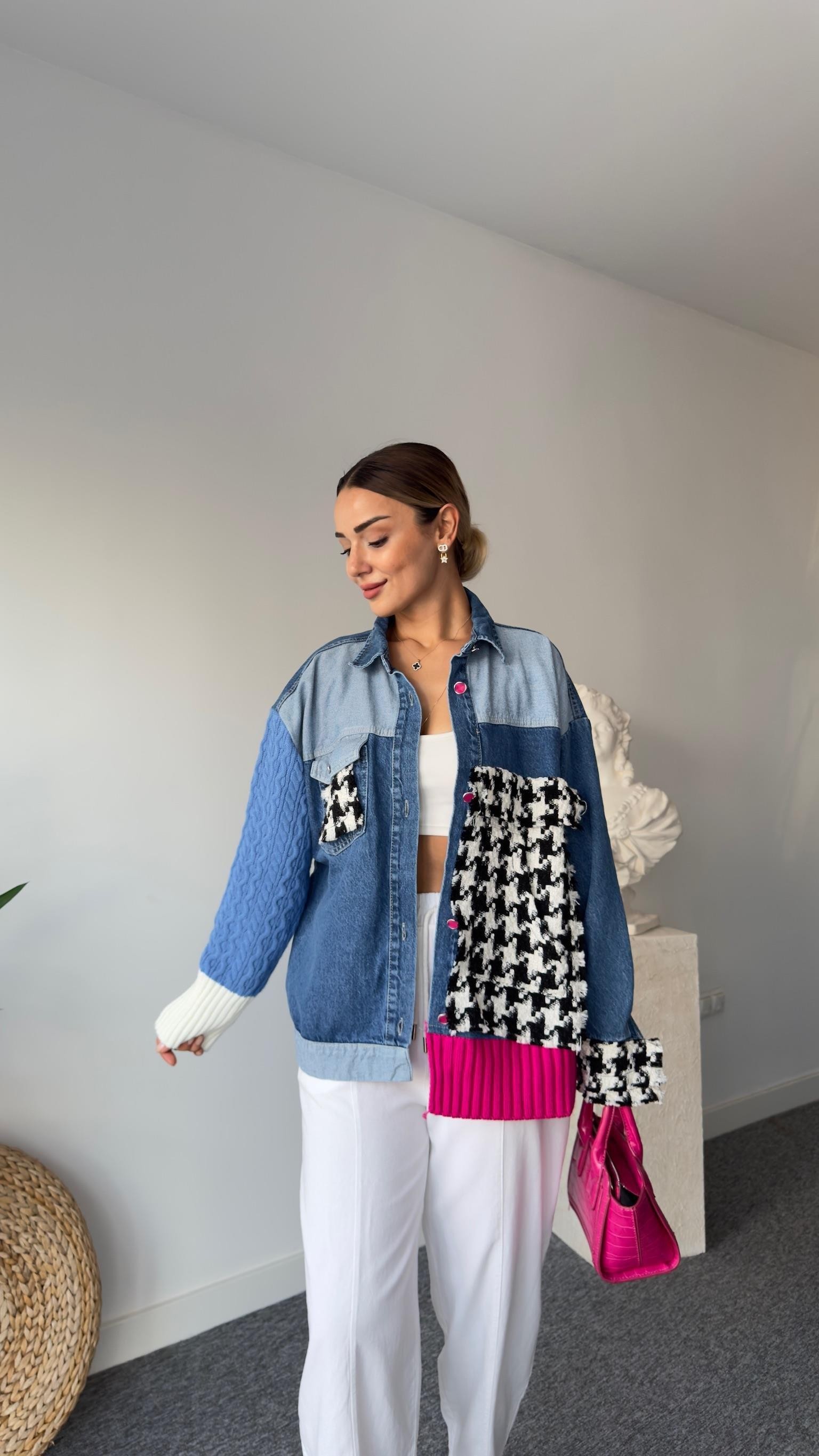28919 TRİKO DETAYLI JEAN CEKET