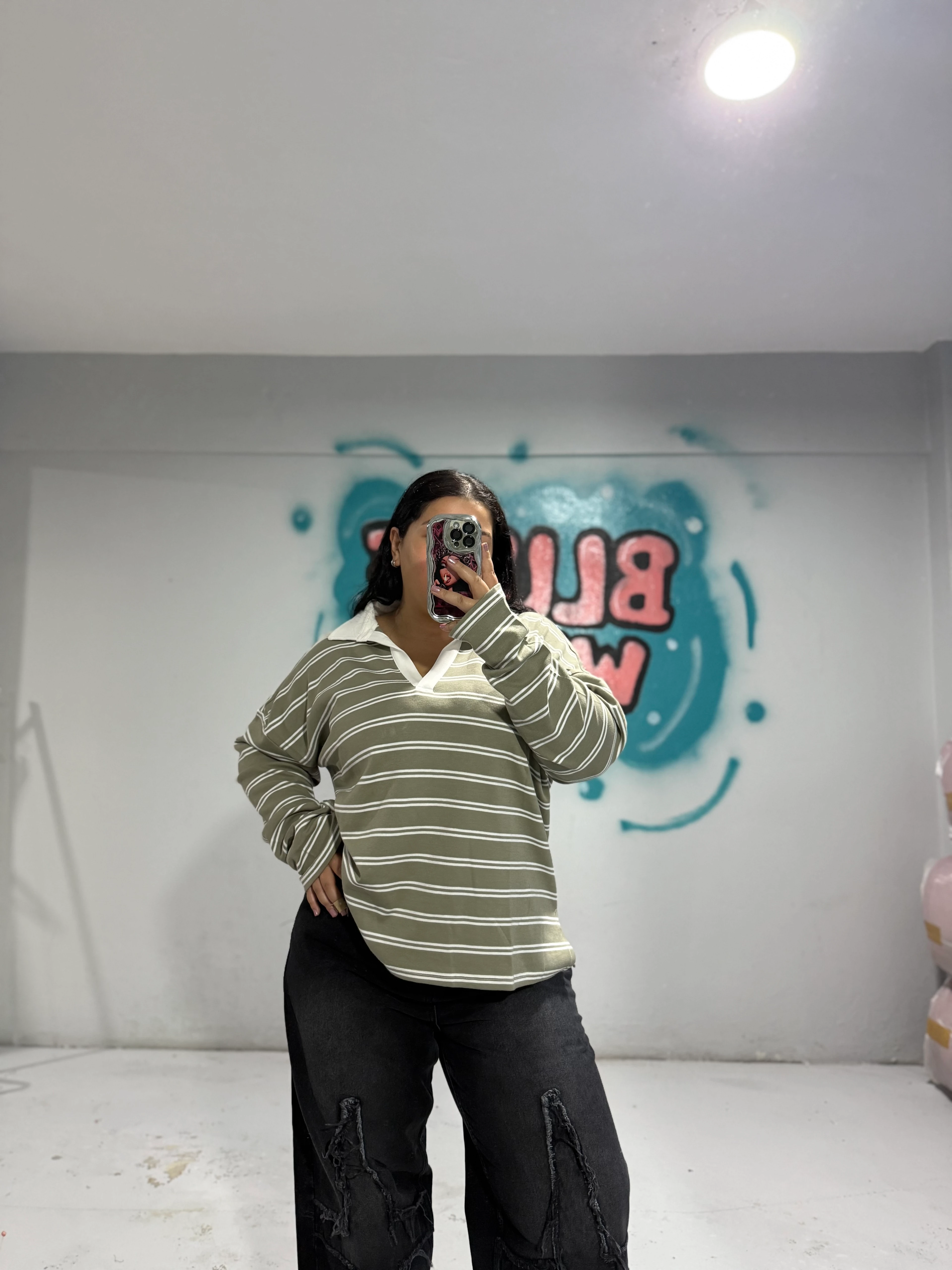 Haki Rengi Çizgili Bluz