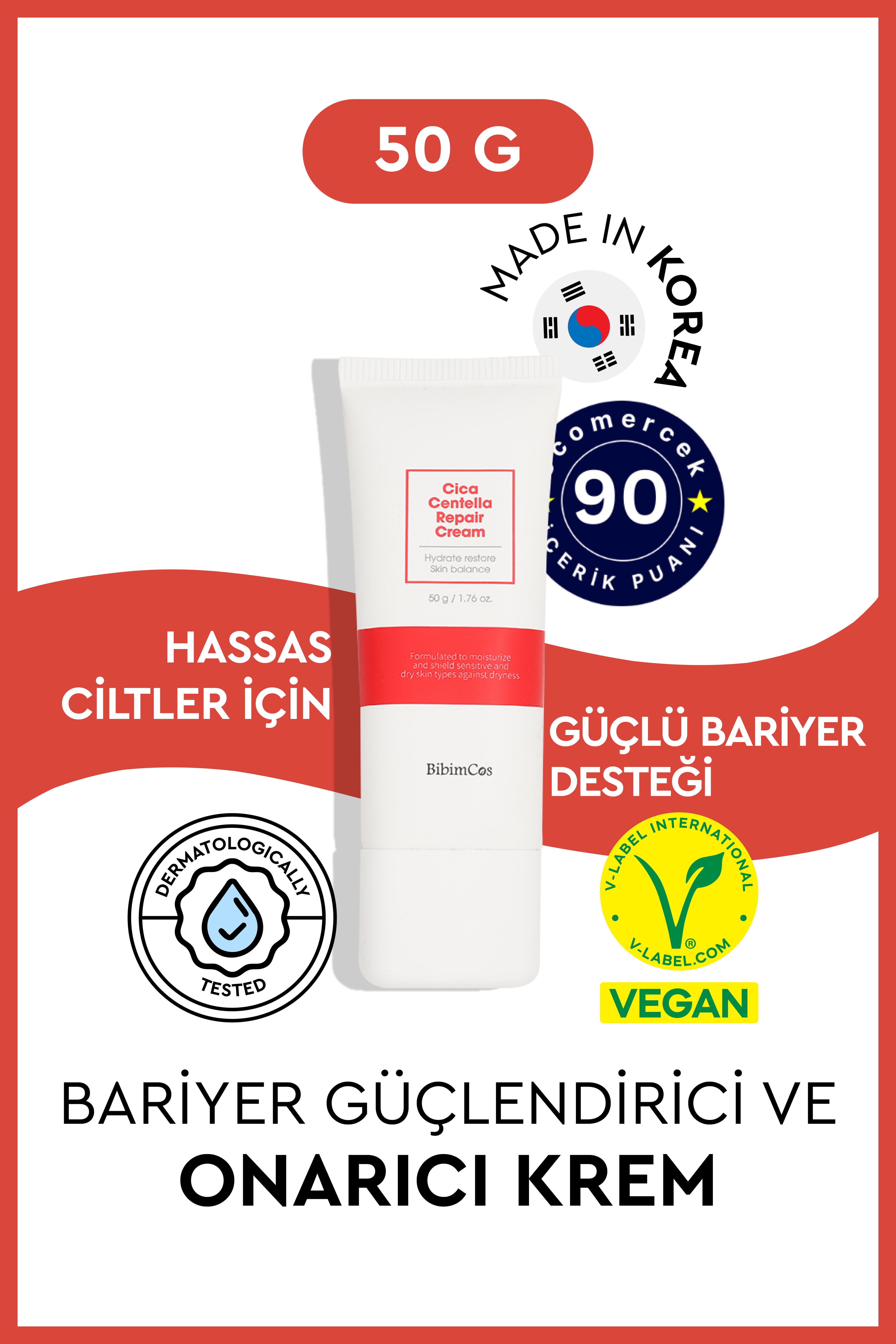 Bibimcos Cica Centella Repair Cream 50gr - Cilt Onarıcı ve Sakinleştirici Krem