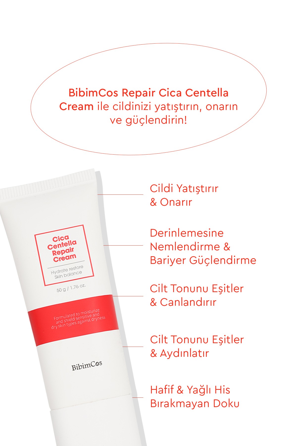 Bibimcos Cica Centella Repair Cream 50gr - Cilt Onarıcı ve Sakinleştirici Krem