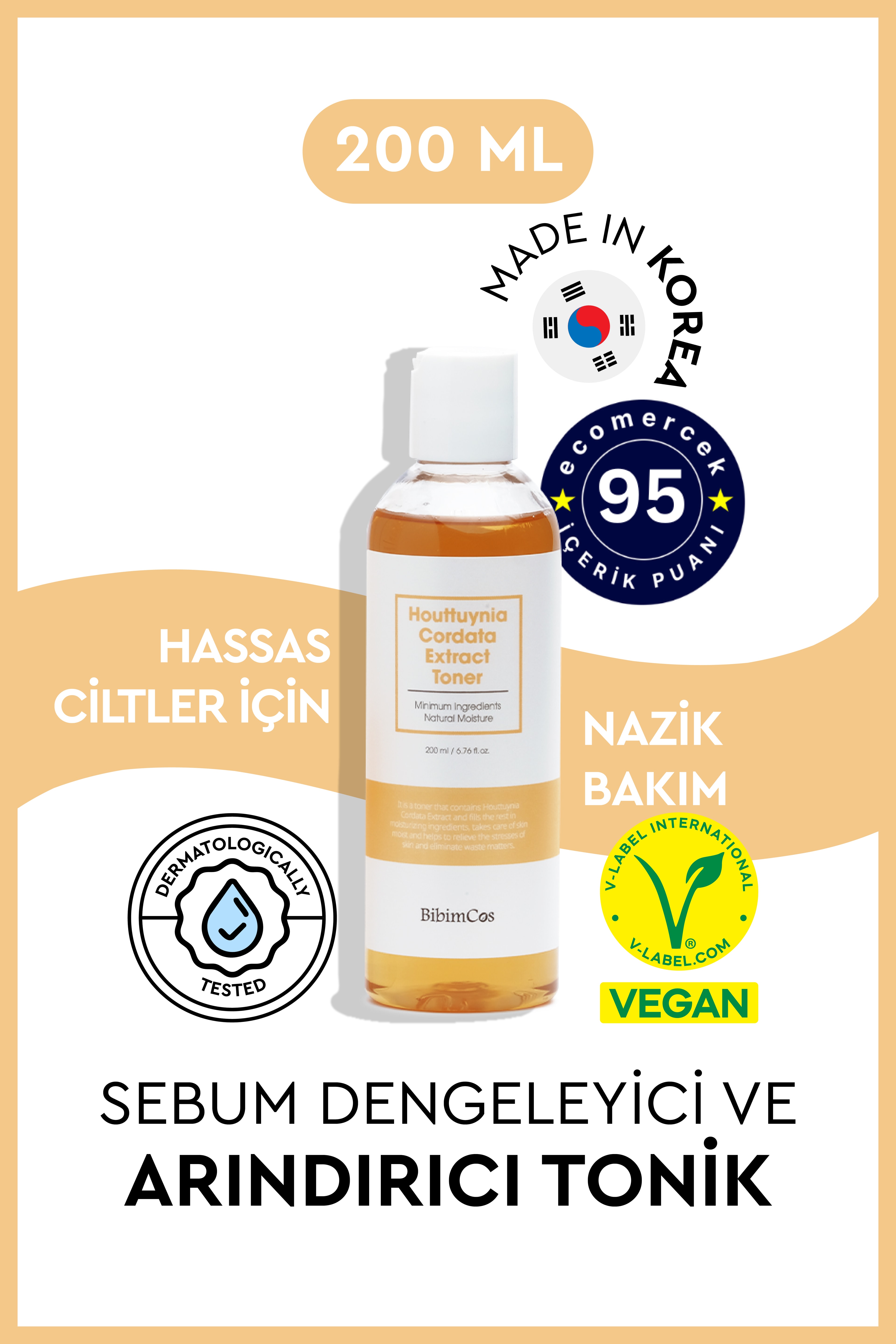 Bibimcos Houttuynia Cordata Extract Toner 200ml - Houttuynia Cordata Ekstreli Arındırıcı Tonik