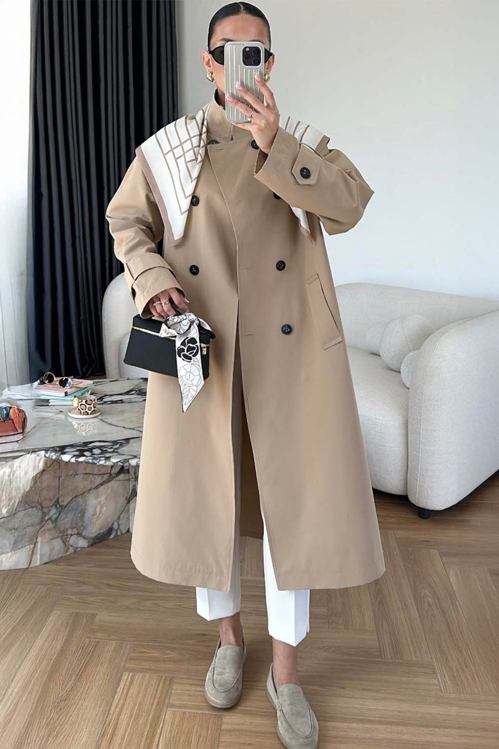 Fularlı Uzun Trençkot  - Bej