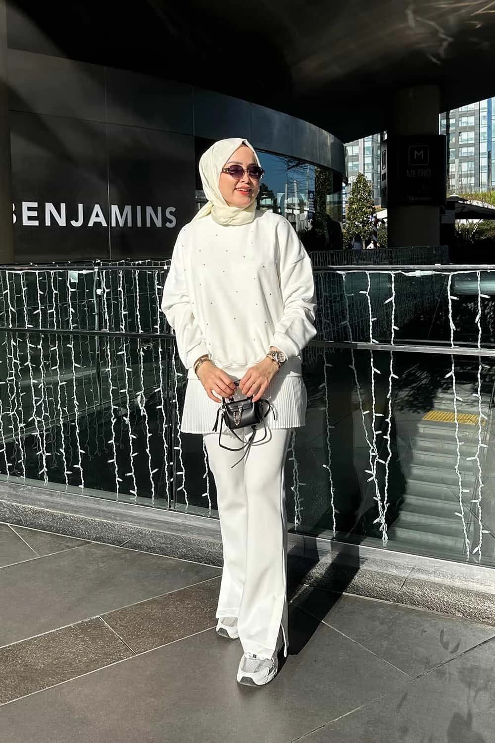 Taşlı Premium Sweatshirt Beyaz