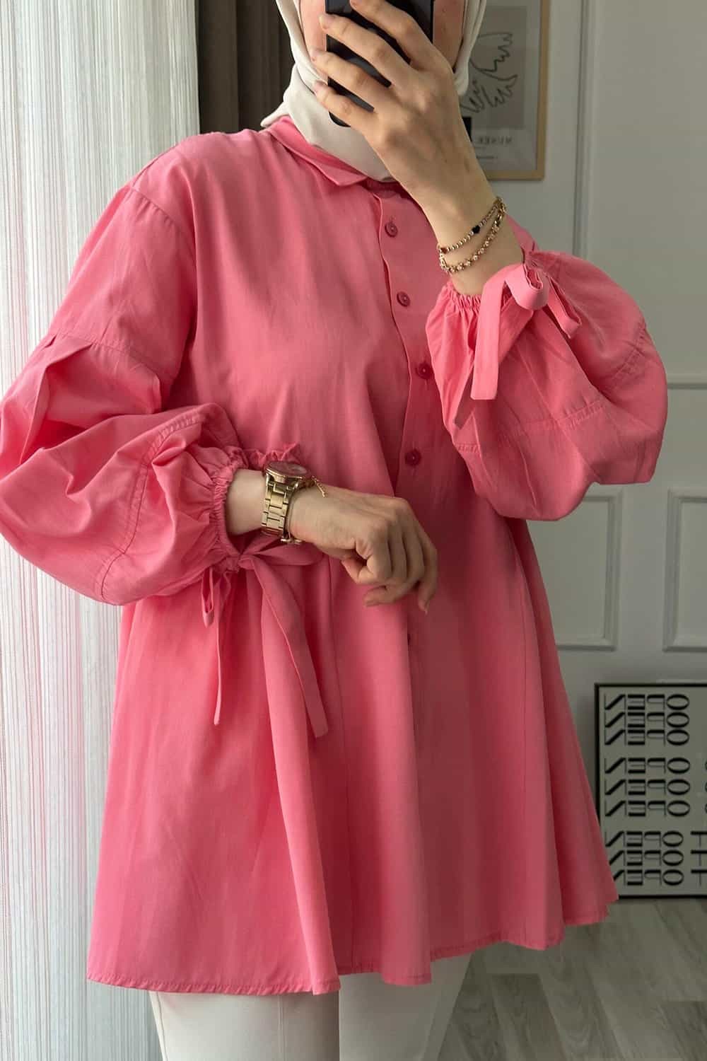 Yarım Pileli Ella Gömlek - Pembe